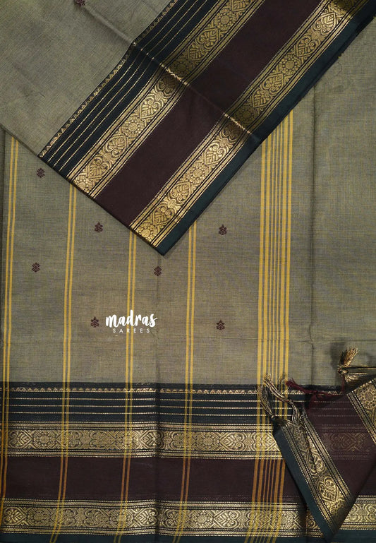 Greyish Brown - Karthigai silk cotton buttas rettapet heart border
