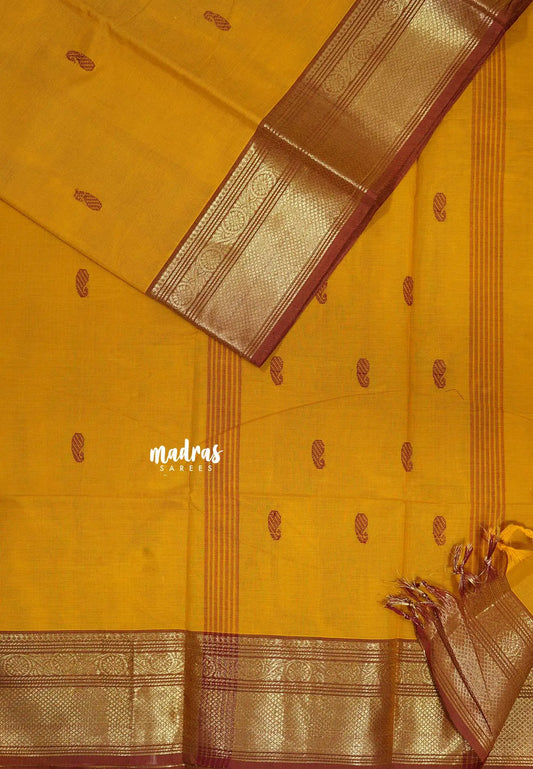 Turmeric Yellow - Karthigai silk cotton Bavanji border with buttas