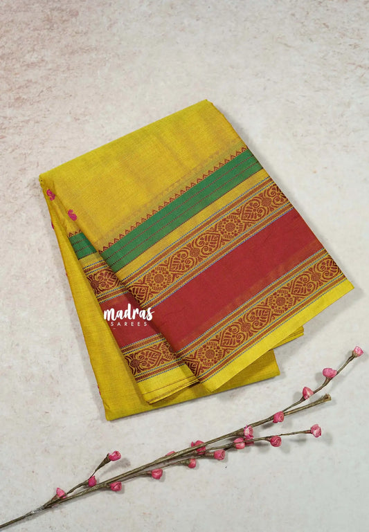 Dual shade Yellow - Karthigai silk cotton full thread weaving rettapet border