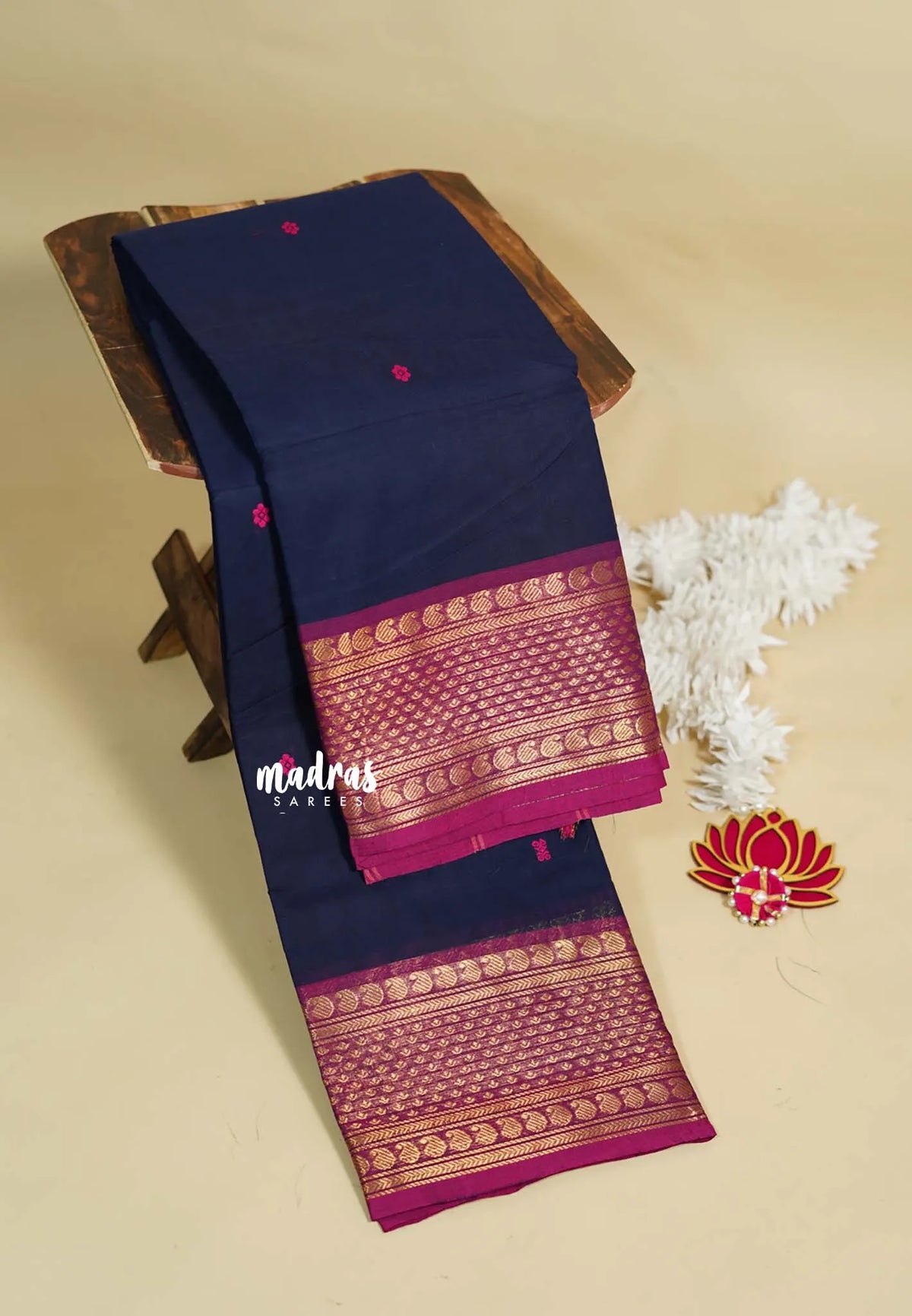 Navy Blue - Karthigai silk cotton Saree Multi Mango border with buttas