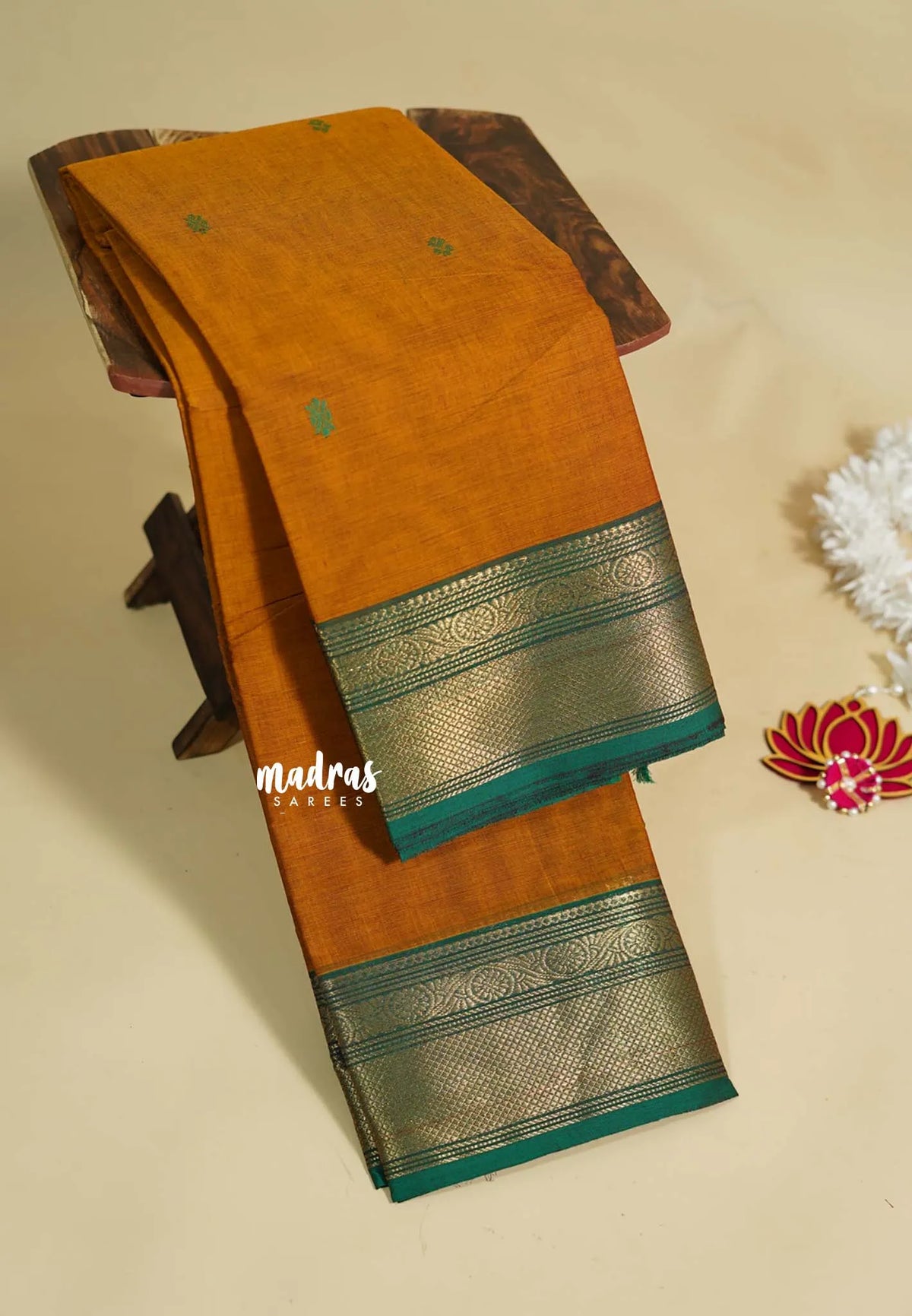 Mustard Orange - Karthigai silk cotton Bavanji border with buttas