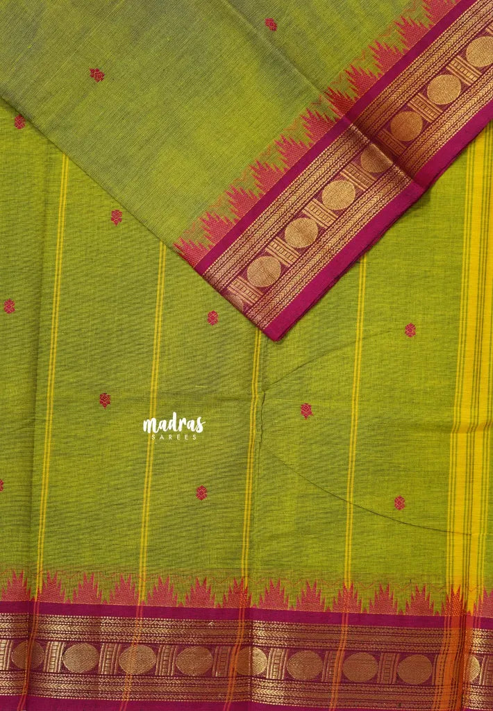 Mehendi Green - Karthigai silk cotton rudraksha with temple weaving border