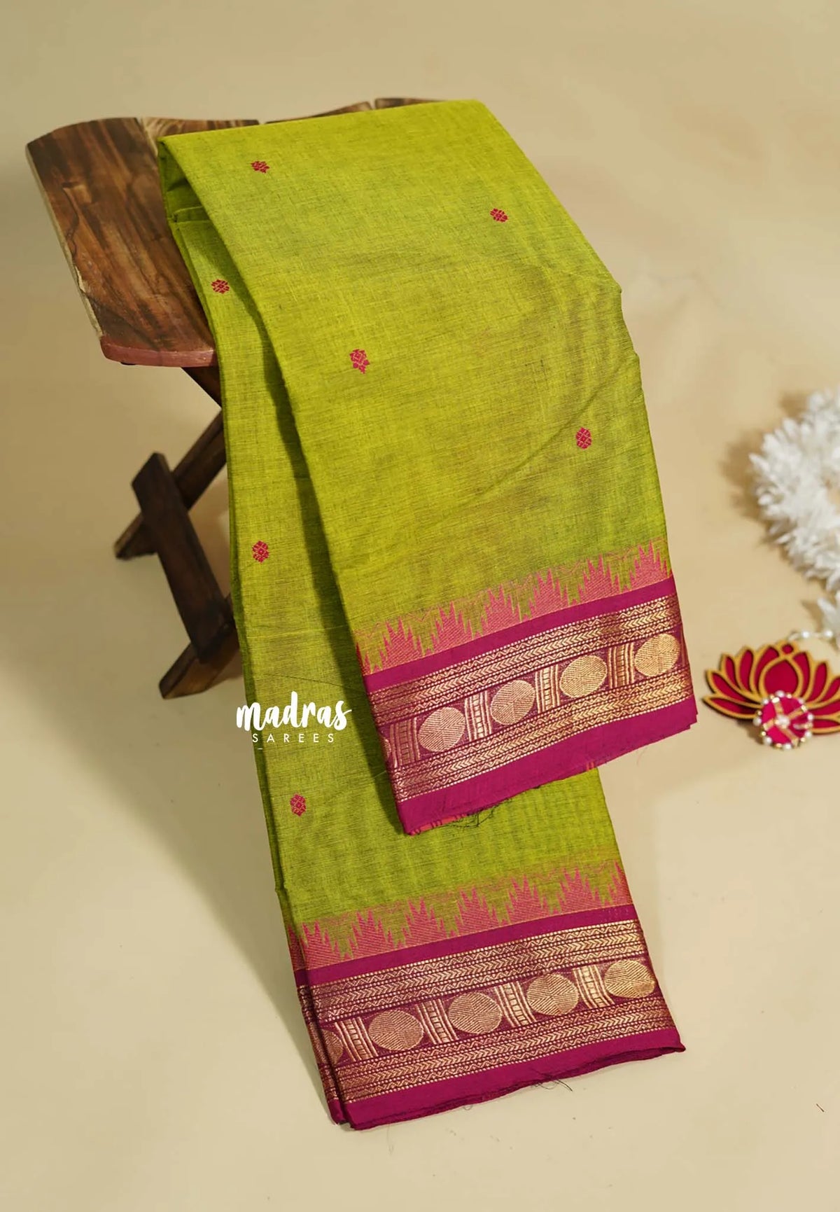 Mehendi Green - Karthigai silk cotton rudraksha with temple weaving border