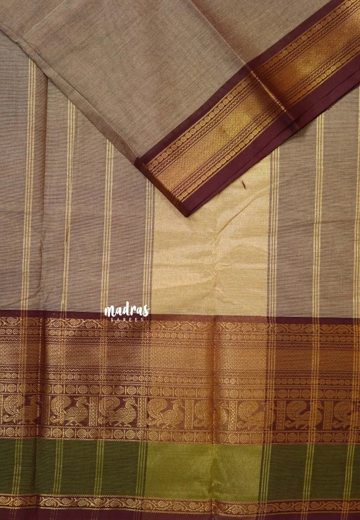 Mild Chocolate Brown  - Karthigai silk cotton Round Peacock and Skirt Border with buttas