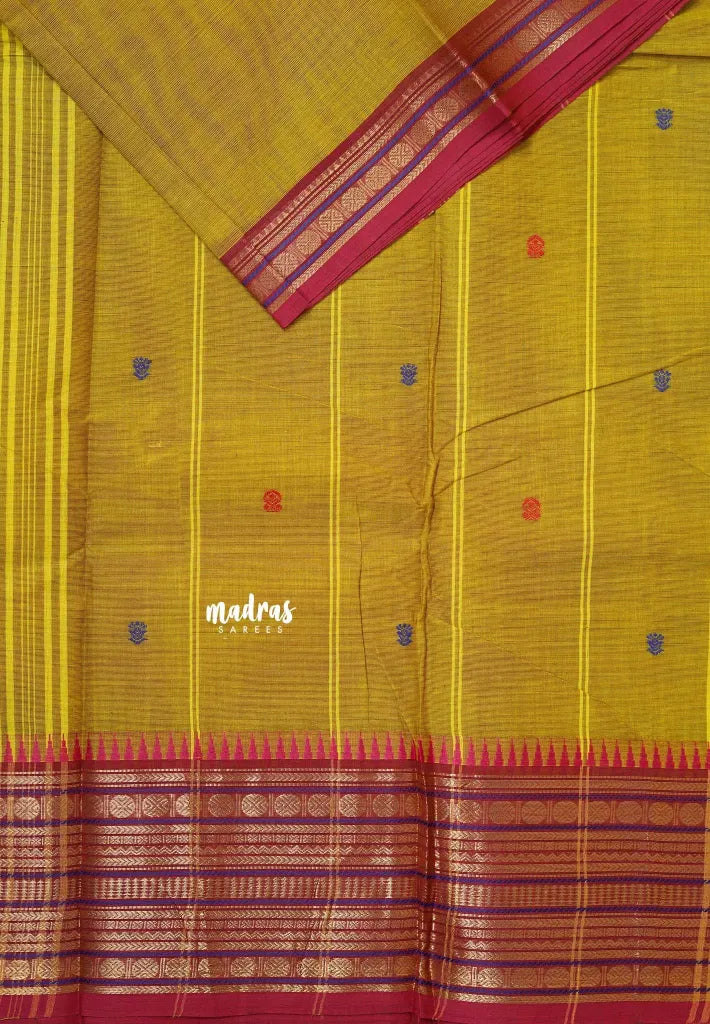 Dual Shade Yellow - Karthigai silk cotton  Multi Border Rudraksham with buttas