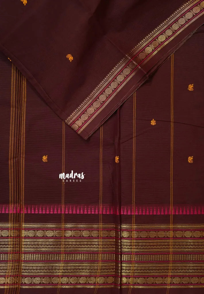 Coffee Brown - Karthigai silk cotton  Multi Border Rudraksham with buttas