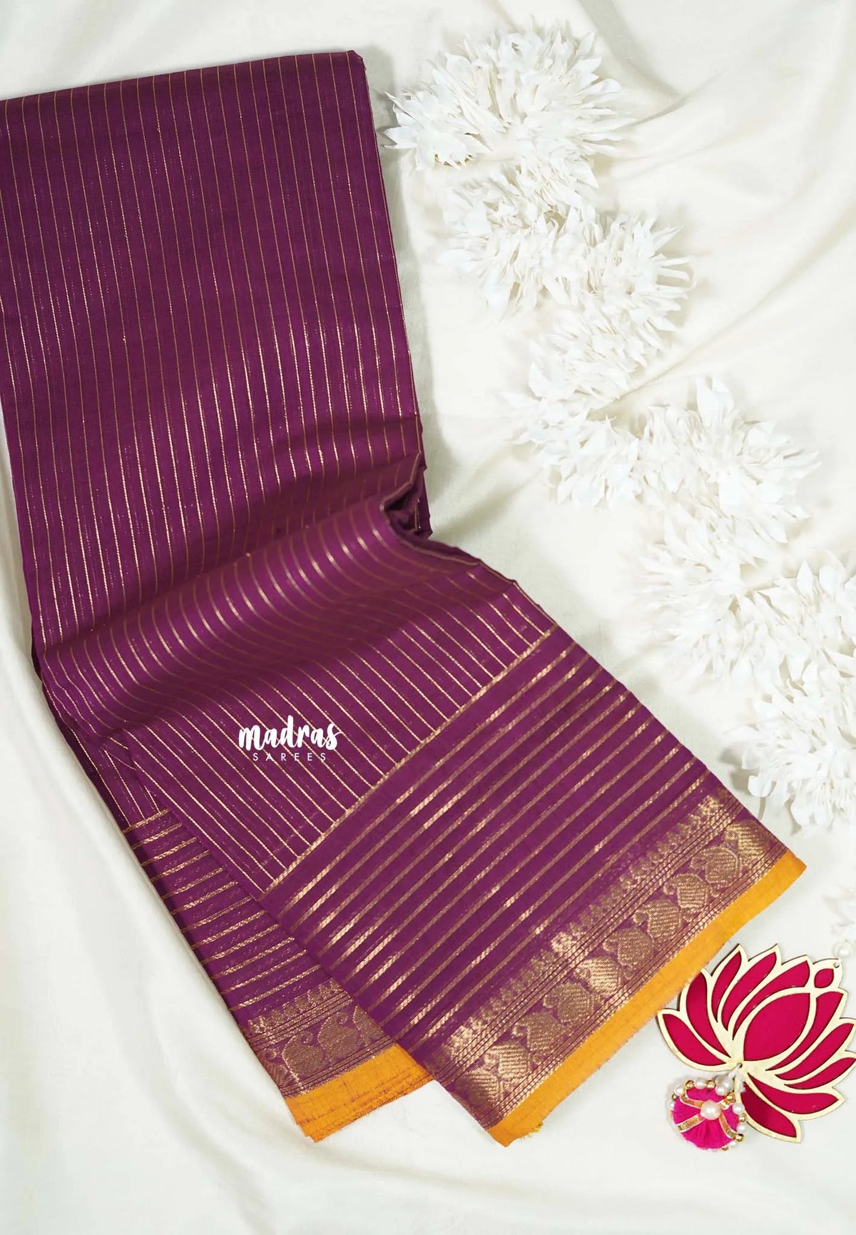 Mulberry Purple - Karthigai silk cotton with golden stripes weaving - Best for Small Functions