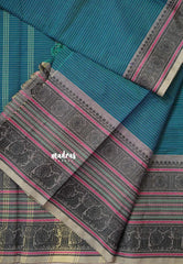 Peacock Blue - Karthigai silk cotton chettinad lines thread weaving multi border