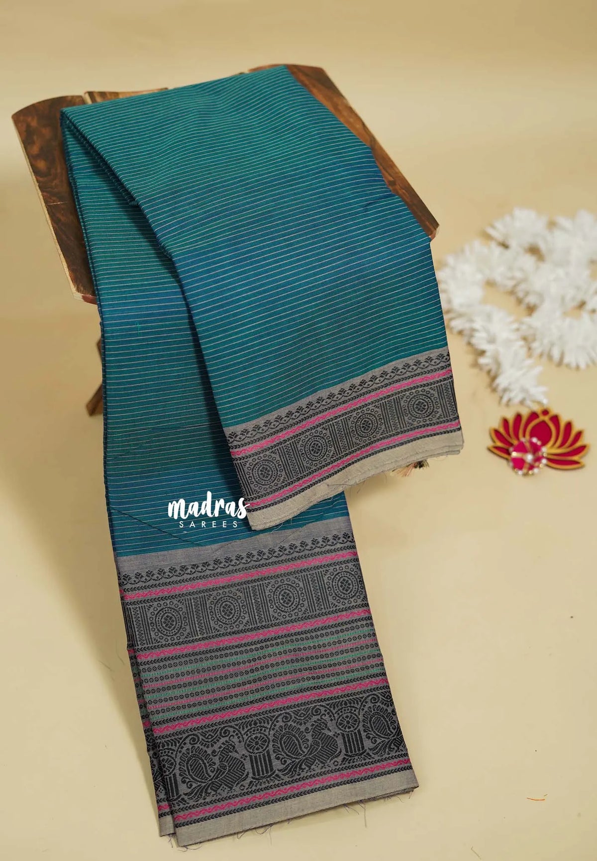Peacock Blue - Karthigai silk cotton chettinad lines thread weaving multi border