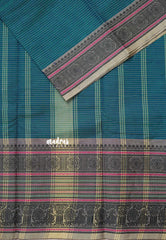 Peacock Blue - Karthigai silk cotton chettinad lines thread weaving multi border