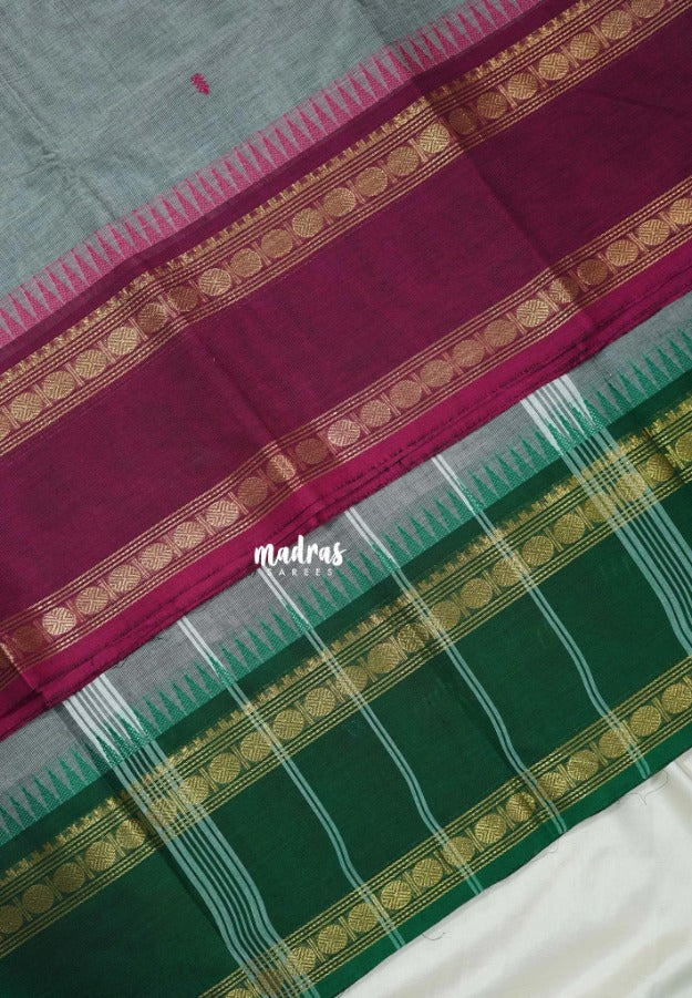 Steel Grey - Karthigai Silk Cotton Rettapet Rudraksham Ganga Jamuna Border with Buttas - Best for Small Functions
