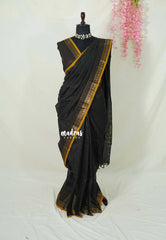 Jet Black - Karthigai silk cotton with golden stripes weaving - Best for Small Functions