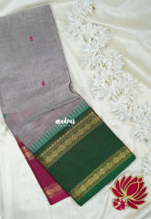 Grey with Purple - Karthigai Silk Cotton Rettapet Rudraksham Ganga Jamuna Border with Buttas - Best for Small Functions