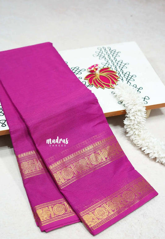 Magenta Pink - Karthigai silk cotton plain saree with Rettapetta Border