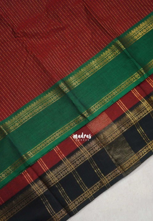 Kumkum Maroon - Karthigai silk cotton Rettapet Rudraksham Ganga jamuna border with Stripes body - Best for Festive Wear