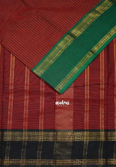 Kumkum Maroon - Karthigai silk cotton Rettapet Rudraksham Ganga jamuna border with Stripes body - Best for Festive Wear