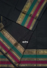 Ebony Black - Karthigai Silk Cotton Rudraksham, Peacock and Multi Color Border - Best for Festival Wear