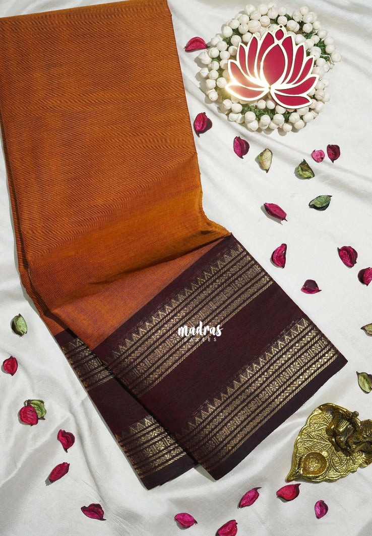Turmeric Orange - Karthigai silk cotton plain body Rettapet Small Floral border - Best for Wedding Functions