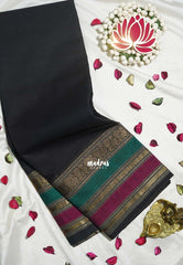 Ebony Black - Karthigai Silk Cotton Rudraksham, Peacock and Multi Color Border - Best for Festival Wear