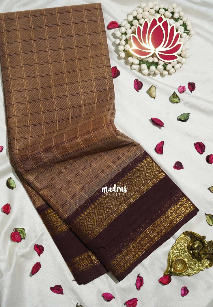 Pastel Brown - Karthigai silk cotton Big Muthu Kattam Checks with Rettapeta Border - Best for Small Functions