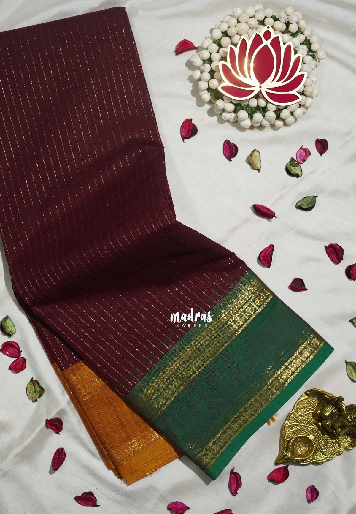 Arakku Maroon - Karthigai silk cotton Rettapet Rudraksham Ganga jamuna border with Stripes body - Best for Festive Wear