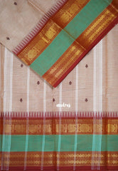 Pastel Beige Brown - Karthigai silk cotton with buttas annam small temple rettapet border - Best for Wedding Functions