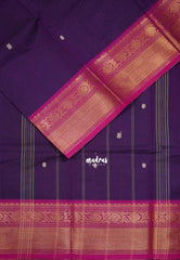 Dark Purple - Karthigai silk cotton bavanji floral border with buttas - Best for Festive Wear | Temple Visit