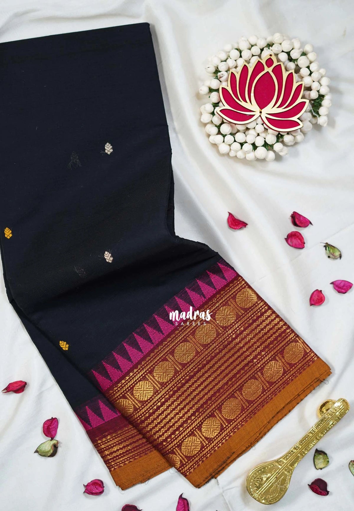 Classic Black - Karthigai silk cotton multi Rudraksham Border with Buttas - Best for Small Functions
