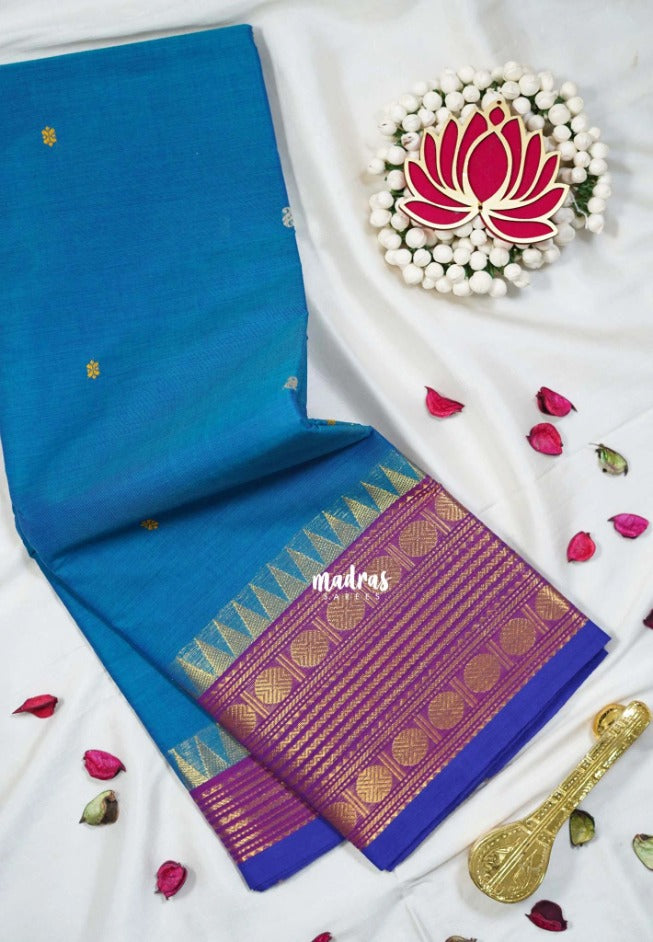 Anandha Blue - Karthigai silk cotton multi Rudraksham Border with Buttas - Best for Small Functions