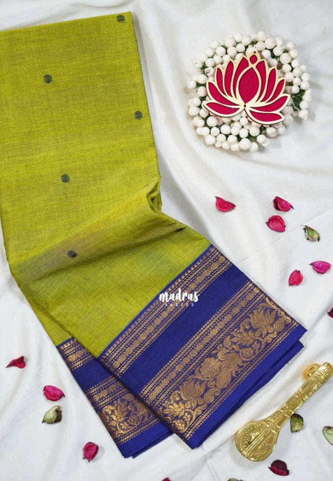 Dual Shade Lime Green - Karthigai silk cotton Mayil, Flower and Rudraksham Border with Buttas - Best for Wedding Functions
