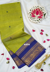 Dual Shade Lime Green - Karthigai silk cotton Mayil, Flower and Rudraksham Border with Buttas - Best for Wedding Functions