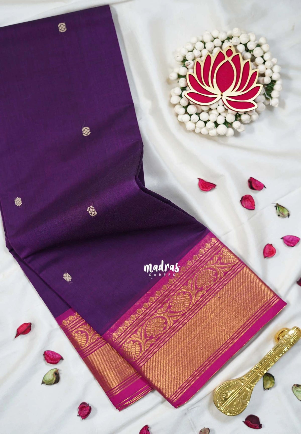 Dark Purple - Karthigai silk cotton bavanji floral border with buttas - Best for Festive Wear | Temple Visit