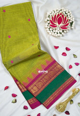 Sap Green - Karthigai silk cotton temple mayil mango multi border - Best for Wedding Functions