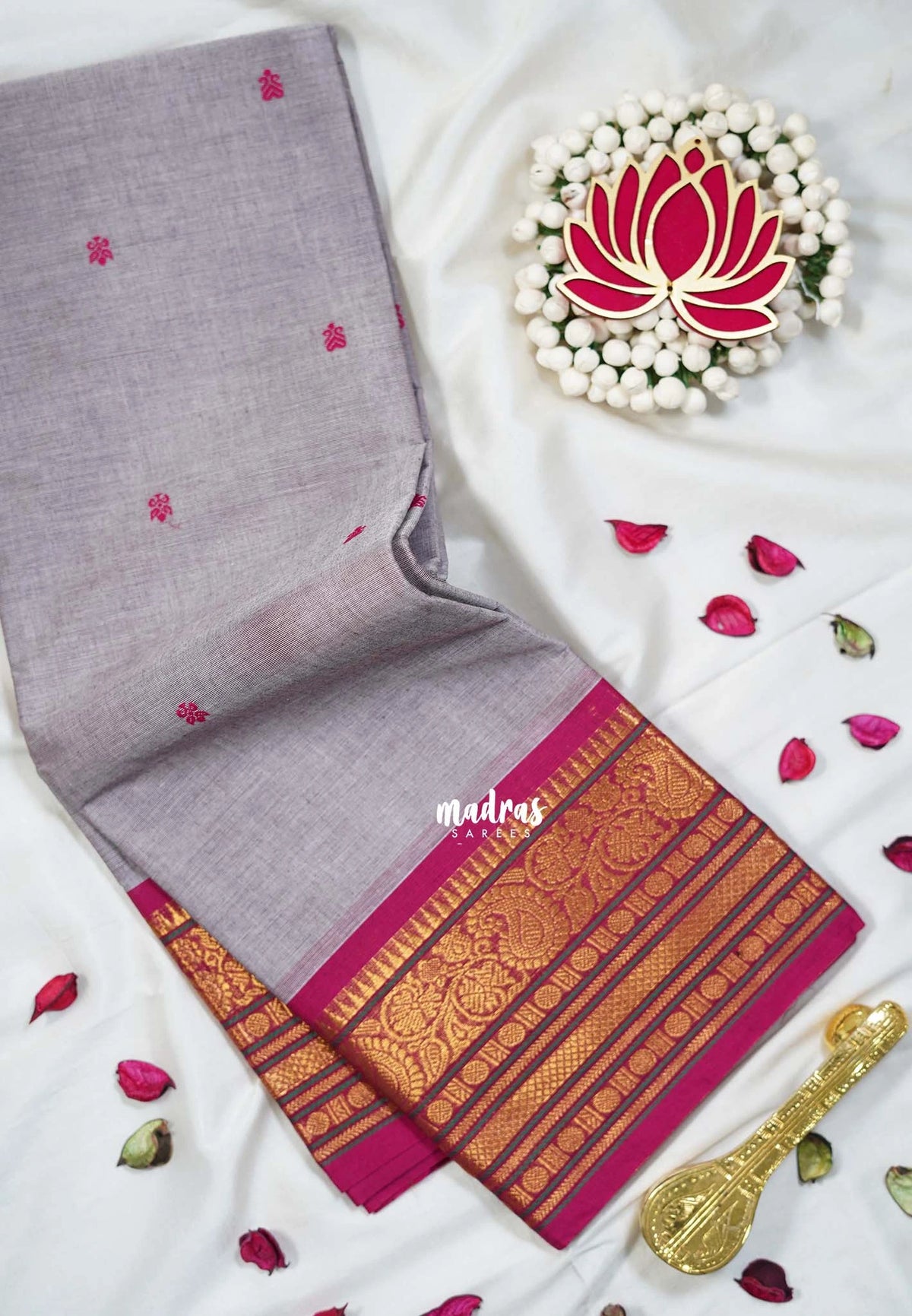 Pastel Purple Grey - Karthigai silk cotton buttas with mango and floral border - Best for Wedding Functions