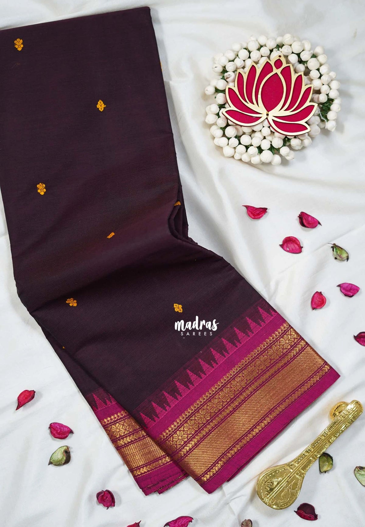 Coffee Brown - Karthigai silk cotton small Bavanji Flower border - Perfect for Small Funtions