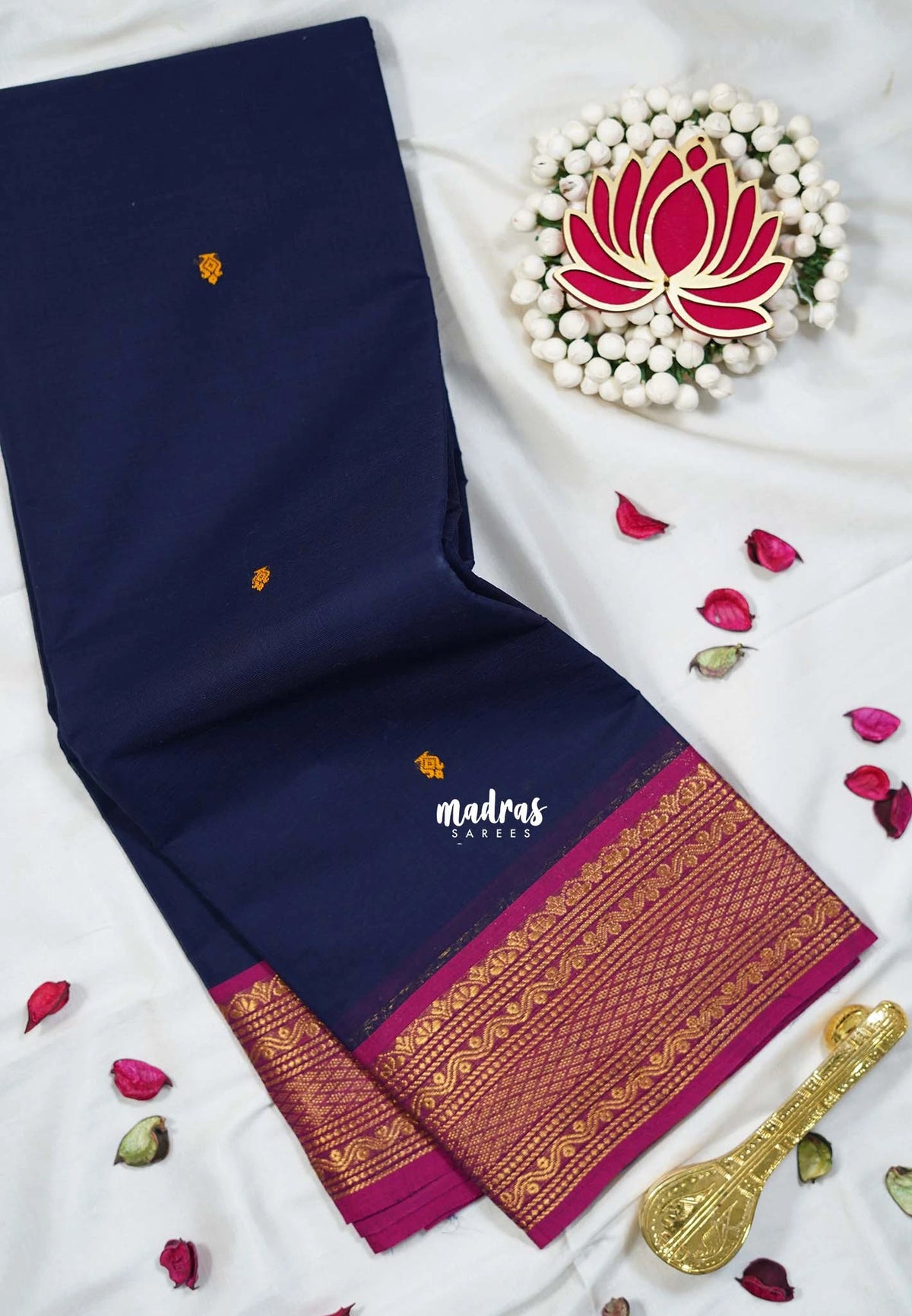 Midnight Blue - Karthigai silk cotton small neli Border with Buttas - Best for Gifting