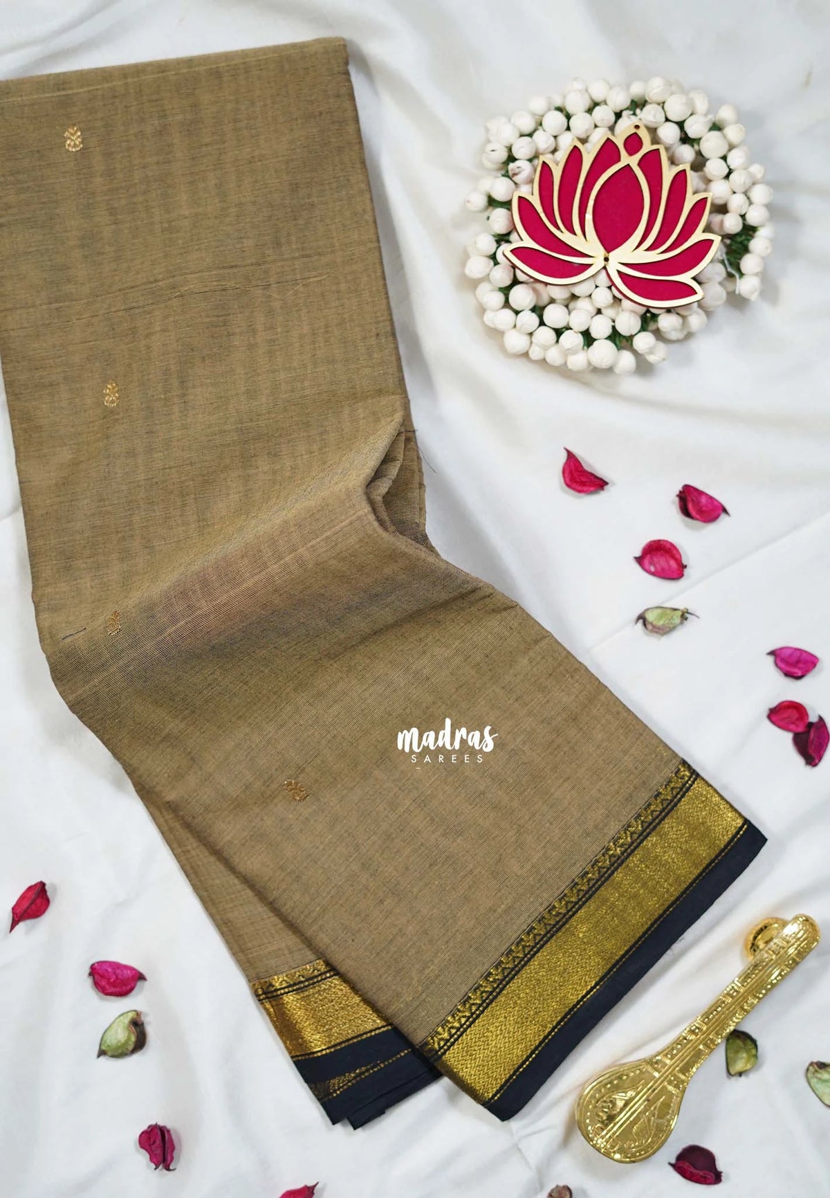 Sand Brown - Karthigai silk cotton small Bavanji border with Buttas - Best for Small Functions