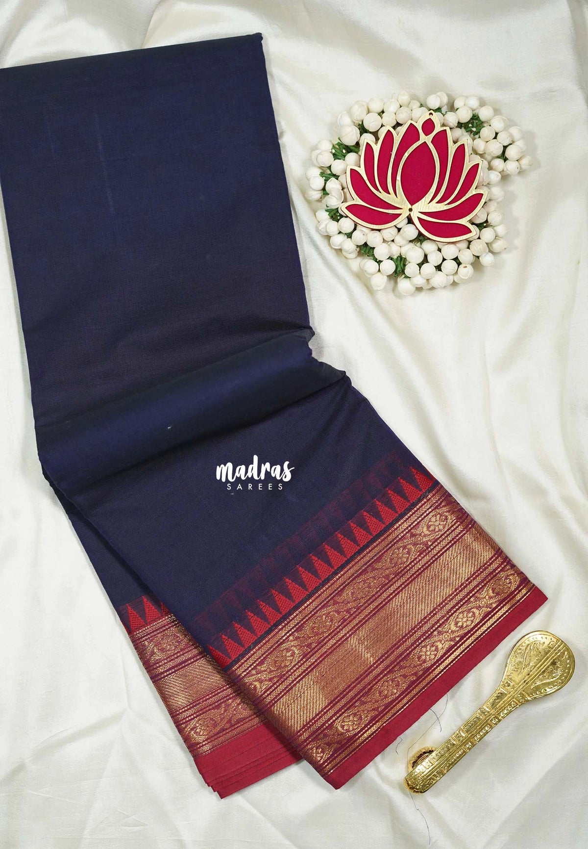 Navy Blue - Karthigai silk cotton small Bavanji Flower border - Perfect for Small Funtions