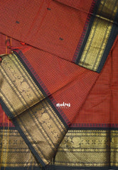 Brick Maroon - Karthigai Silk Cotton Muthu Kattam Mayil, Rudraksham Border with Buttas - Best for Wedding Functions | Temple Visit