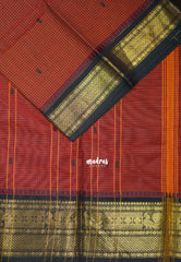 Brick Maroon - Karthigai Silk Cotton Muthu Kattam Mayil, Rudraksham Border with Buttas - Best for Wedding Functions | Temple Visit