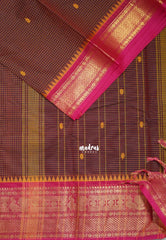 Brown - Karthigai Silk Cotton Muthu Kattam Mayil, Rudraksham Border with Buttas - Best for Wedding Functions | Temple Visit