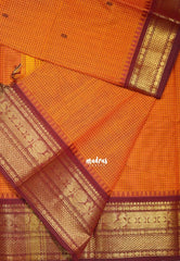 Temple Orange - Karthigai Silk Cotton Muthu Kattam Mayil, Rudraksham Border with Buttas - Best for Wedding Functions | Temple Visit