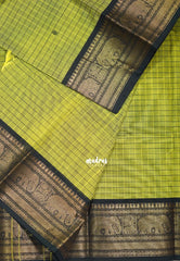 Light Green - Karthigai Silk Cotton Checks with Buttas Yanai, Mayil Border - Best for Festive Wear | Temple Visit