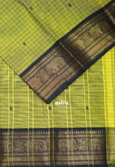 Light Green - Karthigai Silk Cotton Checks with Buttas Yanai, Mayil Border - Best for Festive Wear | Temple Visit