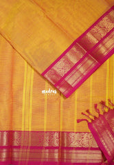 Orangish Yellow - Karthigai Silk Cotton Plain with Mango, Flower and Rudraksham Border - Best for Wedding Functions