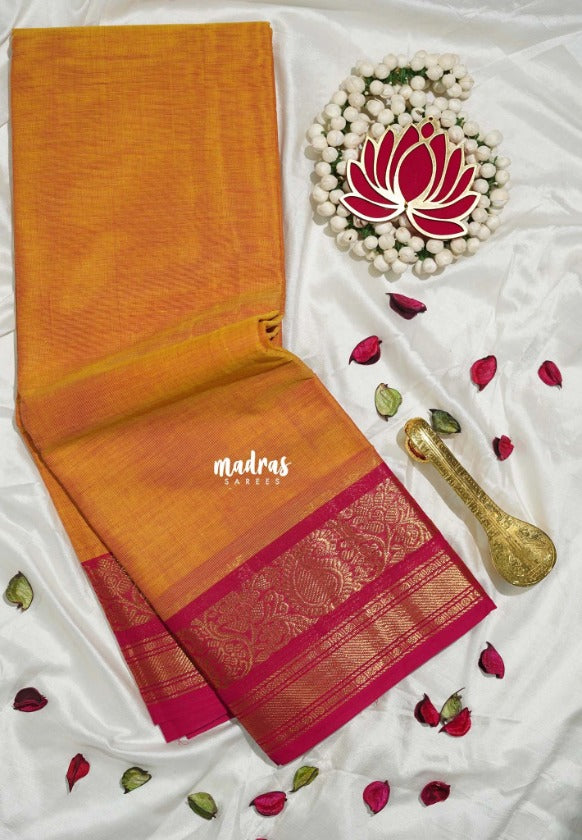 Orangish Yellow - Karthigai Silk Cotton Plain with Mango, Flower and Rudraksham Border - Best for Wedding Functions