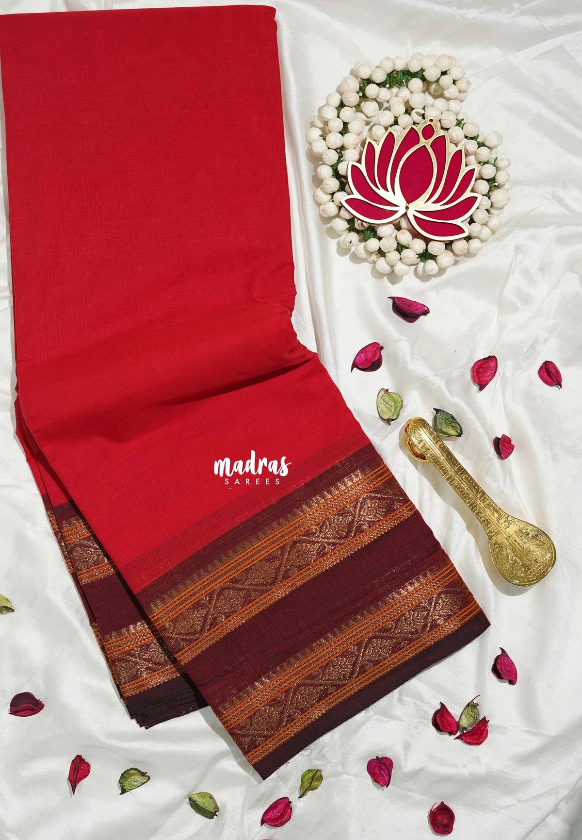 Spicy Red - Karthigai silk cotton plain body Rettapet Floral border - Best for Wedding Functions