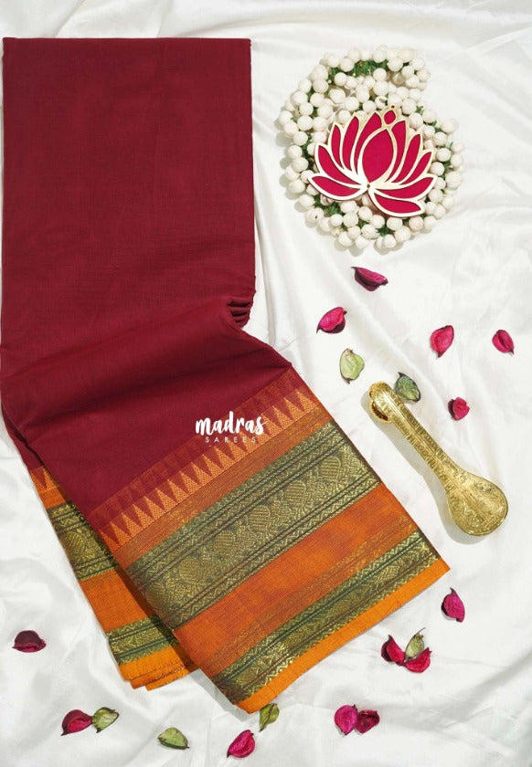 Majestic Maroon - Karthigai silk cotton plain body annam border - Best for Wedding Functions
