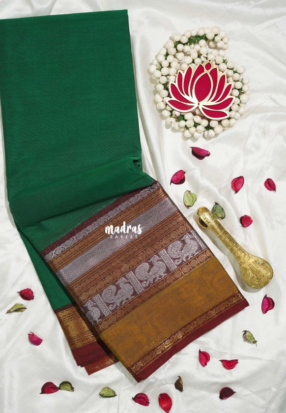 Classic Green - Karthigai silk cotton small Bavanji, Mayil and Rudraksham Big Border - Best for Wedding Functions