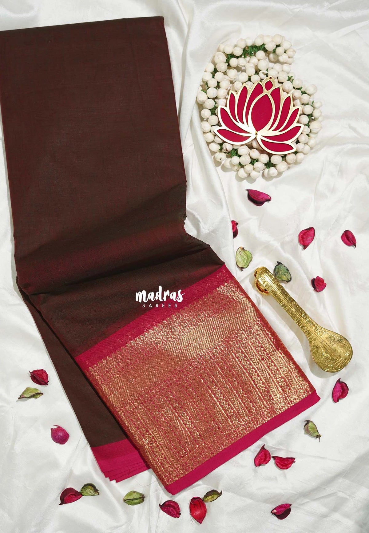 Deep Coffee Brown - Karthigai silk cotton Plain Getti zari with Stripes border - Best for Small Functions